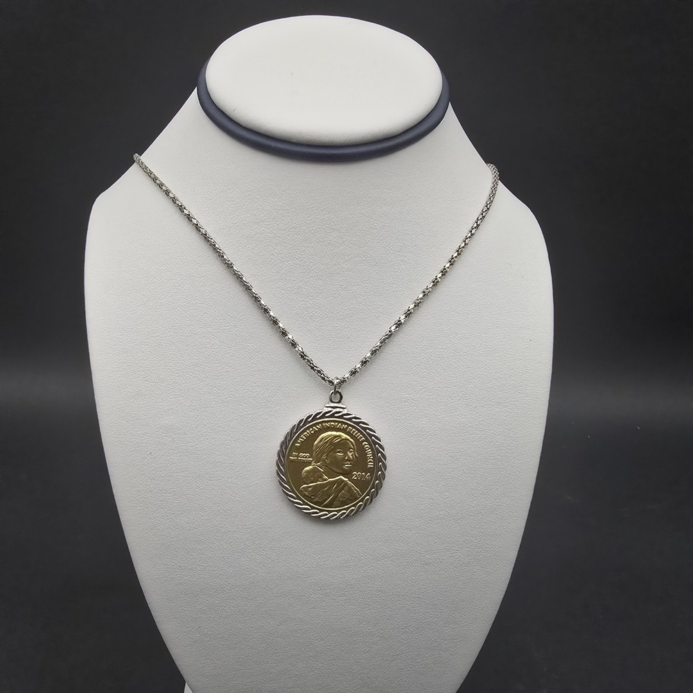 American Indian Relief Council 2014 Sacagawea Coin Pendant Necklace Silver tone